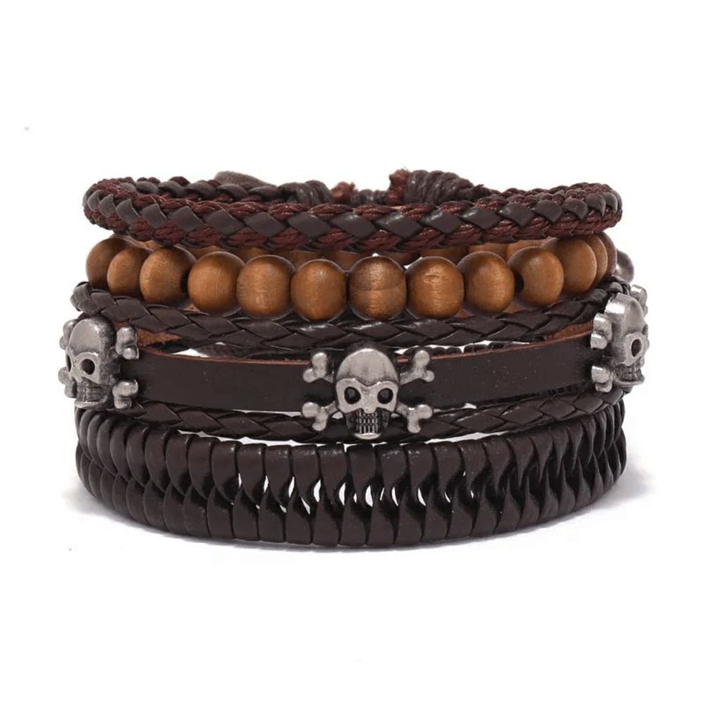 LEATHER SILVER SKULL BEAD BRACELET SET - 4 Piece Set in Brown